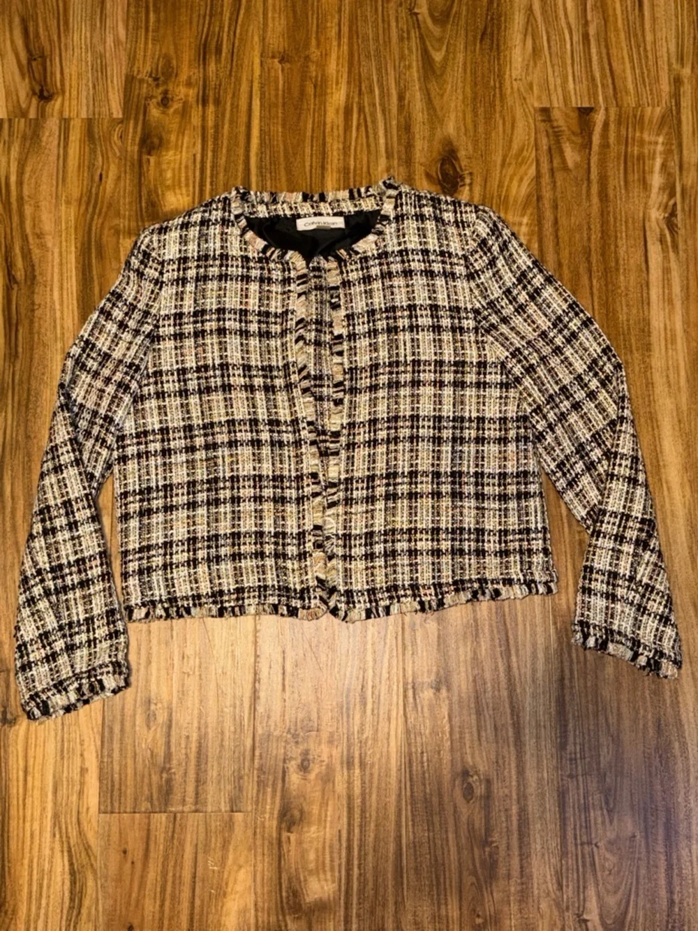 Calvin Klein women 12 large blazer jacket Black White Cream Plaid Tweed Cropped